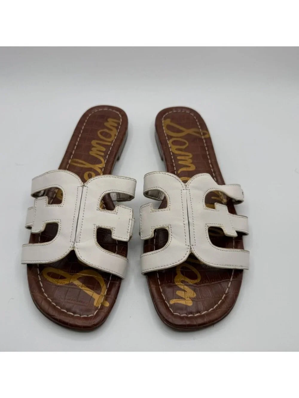 Sam Edelman Bay Slides Sandals White Leather Women Size 9M Cutout Logo Strap